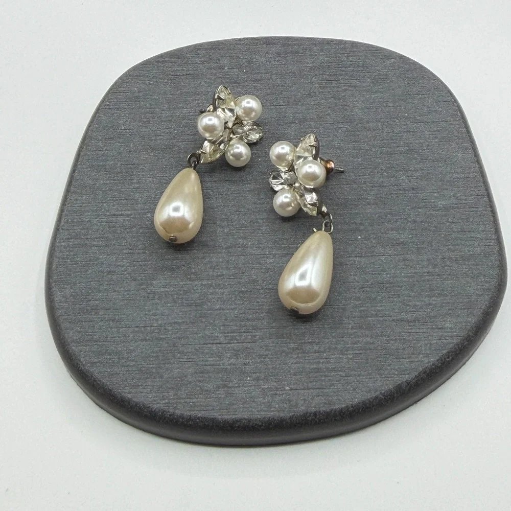 Faux Pearl Rhinestone Teardrop Dangle Earrings Bridal Coquette Statement Gift